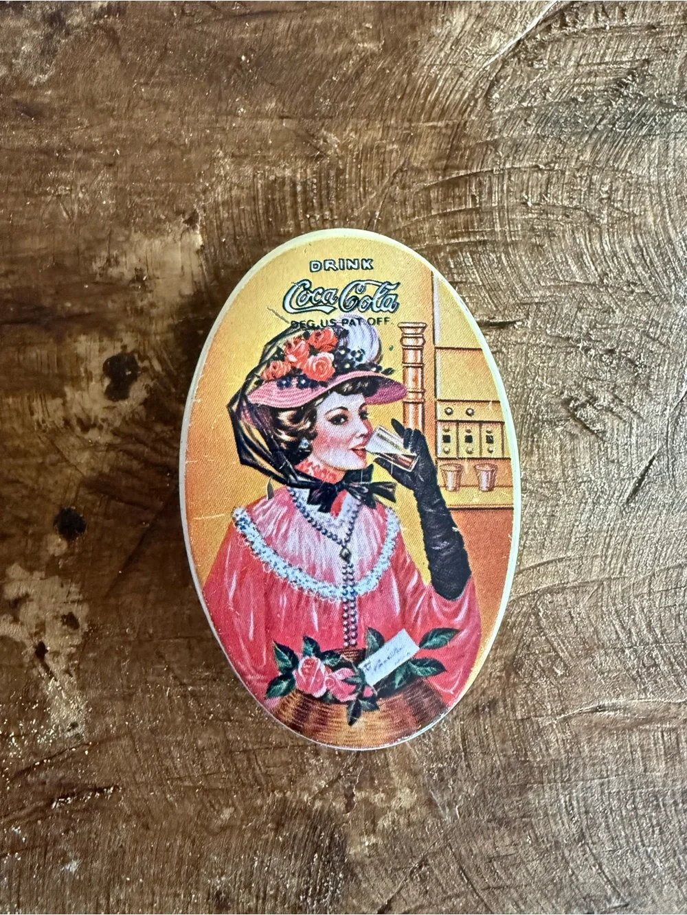 Coca-Cola Lady Oval Tin Pin — Pink and Gold Accents - Picture 1 of 10